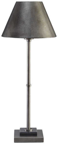 Both stylish and functional, this table lamp blends mid-century design with sleek contemporary finishes to illuminate your space in a cool, minimalistic way. The antiqued pewter-tone finish and black marble lend a richly understated touch. Whether on a ma