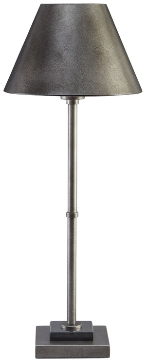Both stylish and functional, this table lamp blends mid-century design with sleek contemporary finishes to illuminate your space in a cool, minimalistic way. The antiqued pewter-tone finish and black marble lend a richly understated touch. Whether on a ma