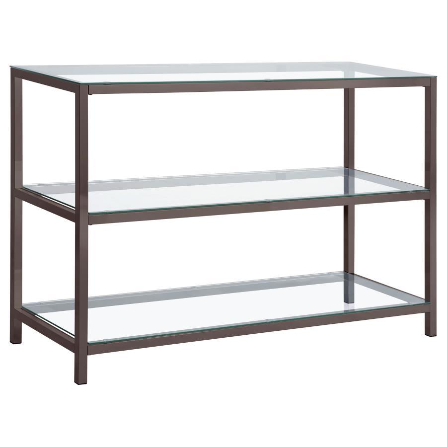 Sleek and contemporary, this rectangular console table features a black nickel electroplated frame and clear tempered glass surfaces. With two spacious lower shelves, it offers ample storage or display space, perfect for entryways, hallways, or behind sof