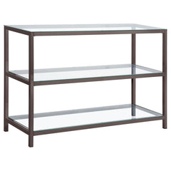 Sleek and contemporary, this rectangular console table features a black nickel electroplated frame and clear tempered glass surfaces. With two spacious lower shelves, it offers ample storage or display space, perfect for entryways, hallways, or behind sof