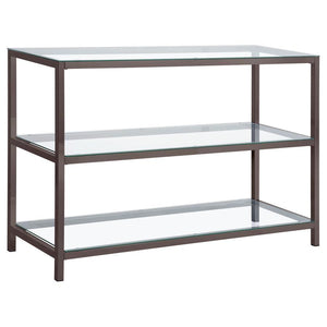 Sleek and contemporary, this rectangular console table features a black nickel electroplated frame and clear tempered glass surfaces. With two spacious lower shelves, it offers ample storage or display space, perfect for entryways, hallways, or behind sof