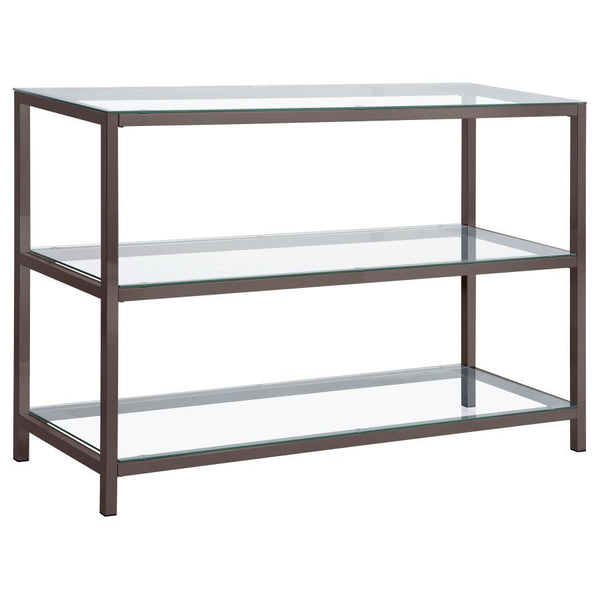 Sleek and contemporary, this rectangular console table features a black nickel electroplated frame and clear tempered glass surfaces. With two spacious lower shelves, it offers ample storage or display space, perfect for entryways, hallways, or behind sof