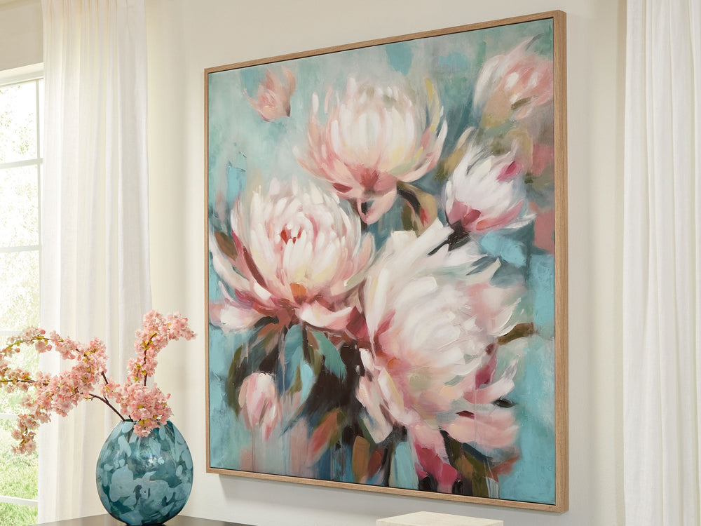 Style is blooming in this wall art. Graceful in presence, its pink florals dance across an aqua blue backgroundâ€”making it perfect for adding a touch of soft serenity to a bedroom or living room. And this detailed design is hand-painted, making each piec