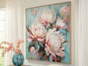  its pink florals dance across an aqua blue backgroundâ€”making it perfect for adding a touch of soft serenity to a bedroom or living room. And this detailed design is hand-painted