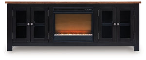 Raise the bar on modern farmhouse style with this TV stand with electric fireplace. Its sturdy silhouette and casual good looks are accentuated with a two-tone finish, which pairs a warm satin black base with a contrasting butcher block veneer top. Glass 
