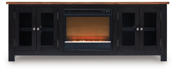 Raise the bar on modern farmhouse style with this TV stand with electric fireplace. Its sturdy silhouette and casual good looks are accentuated with a two-tone finish, which pairs a warm satin black base with a contrasting butcher block veneer top. Glass 