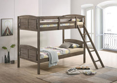 A casual country vibe carries the space with this rustic bunk bed, perfect for compact bedrooms and shared sibling spaces. A weathered brown finish lends a neutral hue to transform a space into a serene, restful retreat. Along the top bunk are safety guar