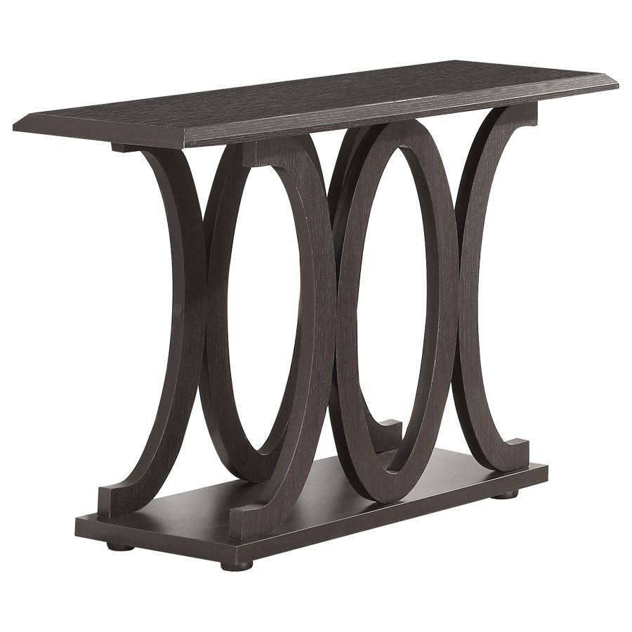 Complete your living room with this elegant sofa table, featuring a bold circular base design that adds a touch of modern sophistication. The rich cappuccino finish creates a warm, contemporary aesthetic, while the sturdy engineered wood construction ensu