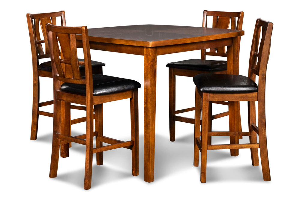 The Dixon 5-Piece Wood Counter Dining Set offers a perfect blend of functionality and style for your dining space. Crafted from solid Rubberwood, high-quality manufactured woods, and genuine Mindy wood veneer, this set ensures lasting durability while sho