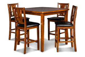 The Dixon 5-Piece Wood Counter Dining Set offers a perfect blend of functionality and style for your dining space. Crafted from solid Rubberwood, high-quality manufactured woods, and genuine Mindy wood veneer, this set ensures lasting durability while sho