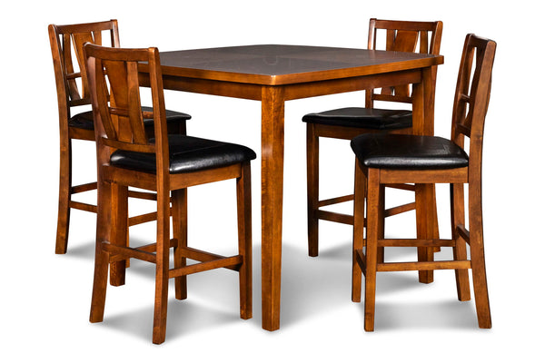 The Dixon 5-Piece Wood Counter Dining Set offers a perfect blend of functionality and style for your dining space. Crafted from solid Rubberwood, high-quality manufactured woods, and genuine Mindy wood veneer, this set ensures lasting durability while sho
