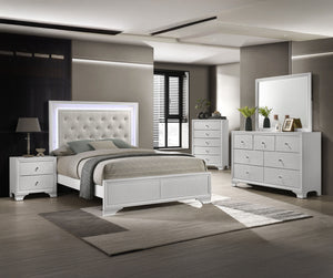 Step into a realm of sophistication and comfort with this stunning bedroom collection. Each piece showcases an exquisite blend of traditional charm and contemporary flair, making a bold statement with its textured surfaces and crisp white finish. The bed,