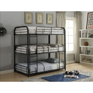 The ultimate space saver for small rooms, the Cairo triple metal bunk bed will be the best additional for your sweet home. Stacking three beds securely, the easy access guardrails keep your kids snug and secure, while the two built-in ladders offer easy a