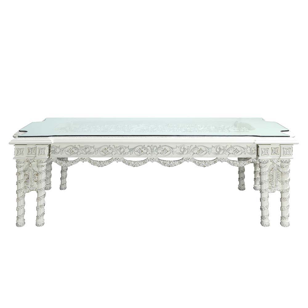 Sophisticated luxury radiates beautifully in the Vanaheim Dining Room Collection. Fabulous floral design with gorgeous details in each piece makes the collection classical and timeless. Antique white finish gives the surface an alluring feel and elegant t
