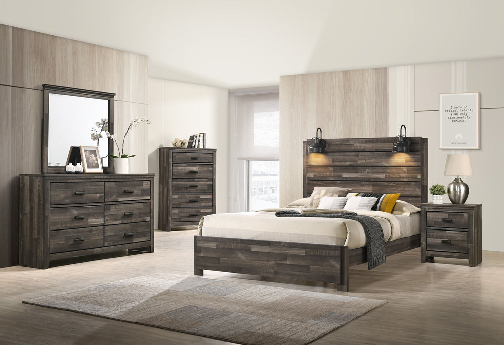 This bedroom set marries rustic appeal with contemporary lines, offering a cozy yet refined aesthetic to any modern home. The set features a generously sized bed with a broad, planked headboard with integrated sconces, creating an inviting ambiance. Flank