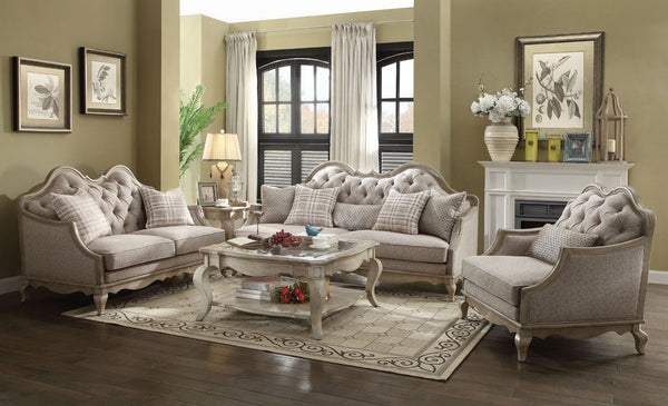 Give a grand welcome to your guests with the Chelmsford antique taupe sofa set. This sofa set has a button tufted fabric back design for a traditional home. Accent pillows included. Thanks to the sturdy frame, this sofa set is strong and durable. With the