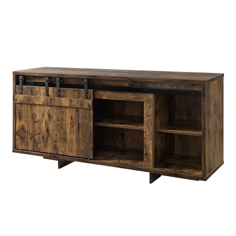 KD, Rectangular TV Stand Storage: 2 Sliding Barn Doors, 2 Media Compartments ( 1 Wooden Shelf) Max. Recommended TV Size: 60-Inch Flat Screen Back Panel with Pre-Cut Holes for Cord Mgmt (x# Holes) CONSTRUCTION] Wooden Case-Frame: Wood (Rbw), Hollow-core, P