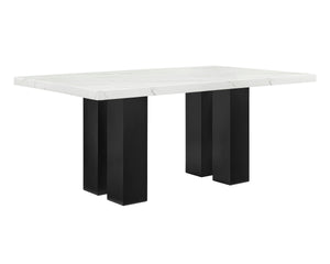 This dining group brings modern sophistication to your dining space with its sleek, contemporary design. The eye-catching marble-like tabletop adds a touch of luxury, perfectly balanced by the sturdy, dark-finished base for a striking contrast. The comfor