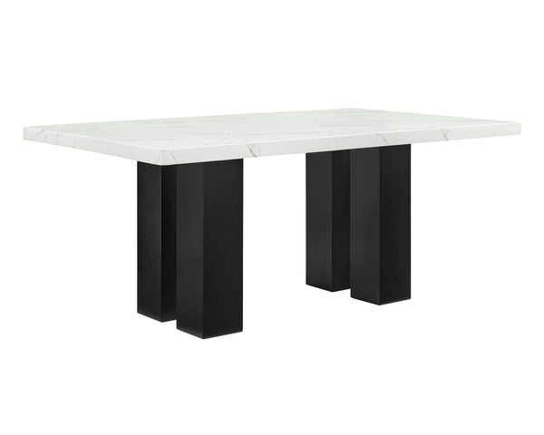 This dining group brings modern sophistication to your dining space with its sleek, contemporary design. The eye-catching marble-like tabletop adds a touch of luxury, perfectly balanced by the sturdy, dark-finished base for a striking contrast. The comfor