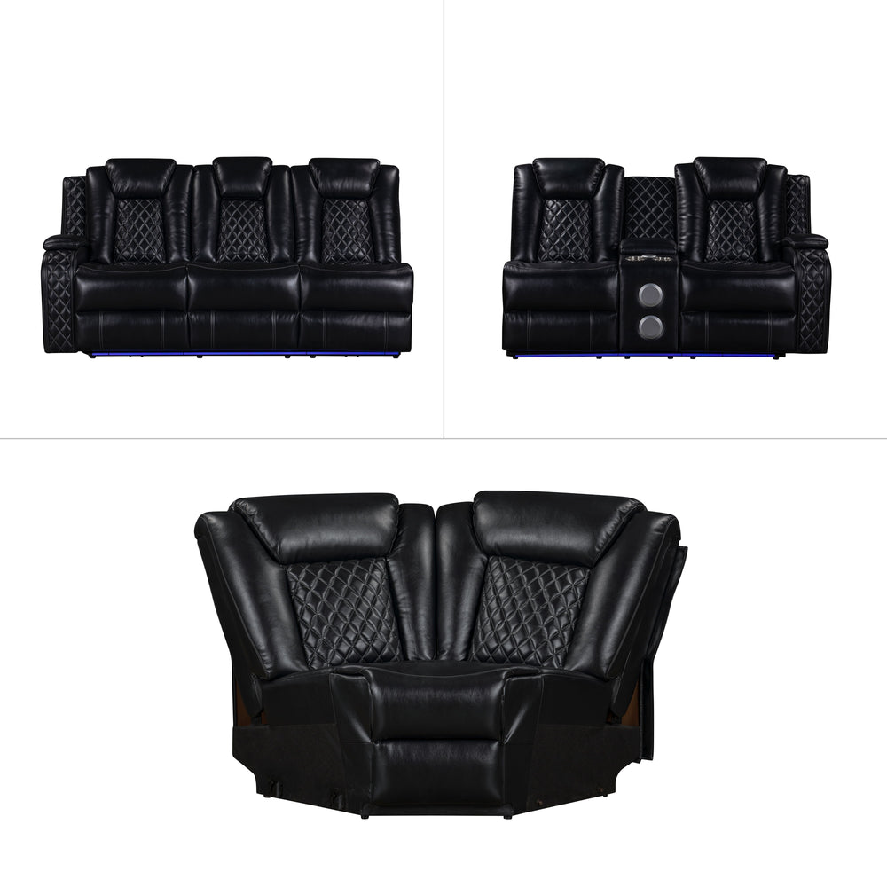 The Orion II 3-Piece Motion Sectional in black is a marvel of modern design and functionality, perfect for those seeking both comfort and durability. This set includes a Left Arm Facing Sofa with 2 recliners, a Right Arm Facing Console Loveseat with 1 rec