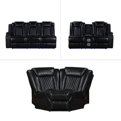 The Orion II 3-Piece Motion Sectional in black is a marvel of modern design and functionality, perfect for those seeking both comfort and durability. This set includes a Left Arm Facing Sofa with 2 recliners, a Right Arm Facing Console Loveseat with 1 rec