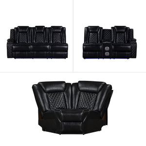 The Orion II 3-Piece Motion Sectional in black is a marvel of modern design and functionality, perfect for those seeking both comfort and durability. This set includes a Left Arm Facing Sofa with 2 recliners, a Right Arm Facing Console Loveseat with 1 rec