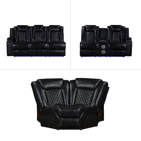 The Orion II 3-Piece Motion Sectional in black is a marvel of modern design and functionality, perfect for those seeking both comfort and durability. This set includes a Left Arm Facing Sofa with 2 recliners, a Right Arm Facing Console Loveseat with 1 rec