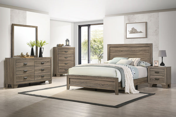 This bedroom set offers a minimalist design with a nod to rustic aesthetics, perfect for creating a serene and uncluttered space. The straightforward lines of the bed frame, combined with the natural wood finish, exude a sense of calm and earthiness. The 
