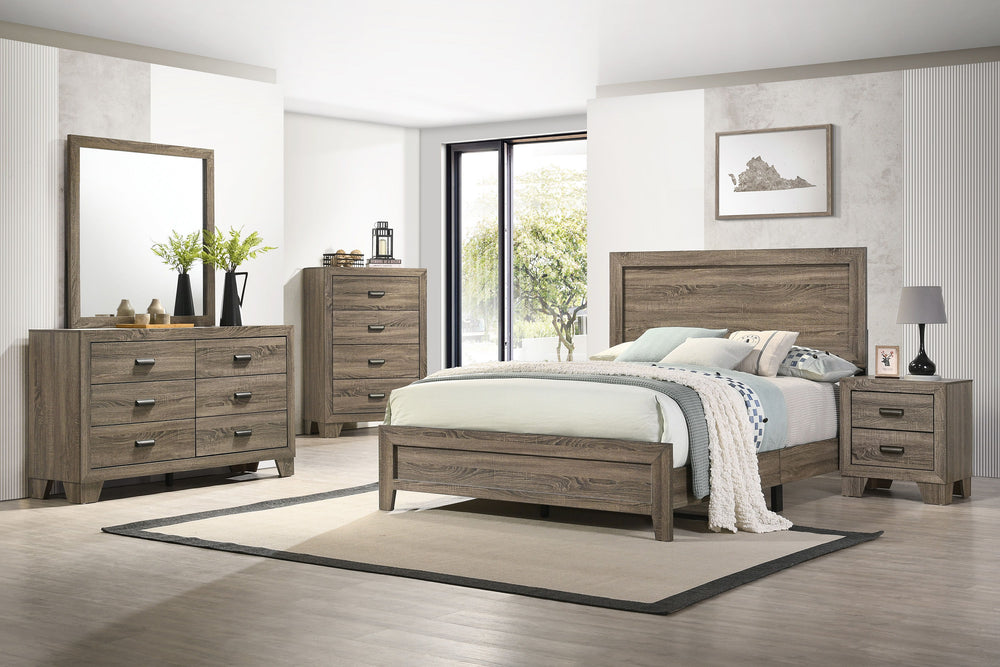 This bedroom set offers a minimalist design with a nod to rustic aesthetics, perfect for creating a serene and uncluttered space. The straightforward lines of the bed frame, combined with the natural wood finish, exude a sense of calm and earthiness. The 