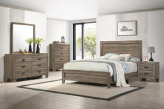 This bedroom set offers a minimalist design with a nod to rustic aesthetics, perfect for creating a serene and uncluttered space. The straightforward lines of the bed frame, combined with the natural wood finish, exude a sense of calm and earthiness. The 