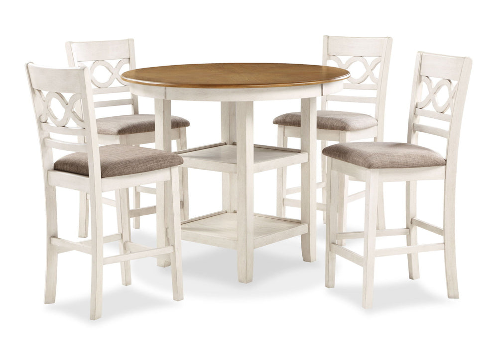 The farmhouse appeal of the Cori 5 Piece Counter Dining Table and Chair Set is beautifully created with durability and comfort in mind. This dining set provides spacious seating for four and 2 handy storage shelves located under the table top to display d
