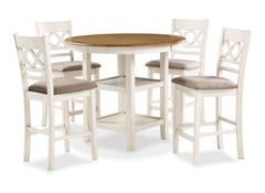 The farmhouse appeal of the Cori 5 Piece Counter Dining Table and Chair Set is beautifully created with durability and comfort in mind. This dining set provides spacious seating for four and 2 handy storage shelves located under the table top to display d