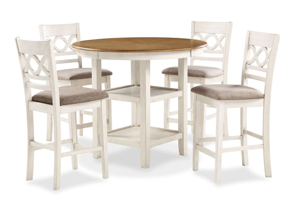 The farmhouse appeal of the Cori 5 Piece Counter Dining Table and Chair Set is beautifully created with durability and comfort in mind. This dining set provides spacious seating for four and 2 handy storage shelves located under the table top to display d
