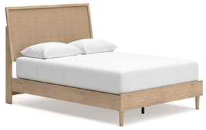 Clean-lined and contemporaryâ€”but far from starkâ€”this queen panel bed is a fresh style awakening. Pairing a light finish with replicated oak grain and textured beige details that replicate the look of cane, its mixed materials bring a naturally versati
