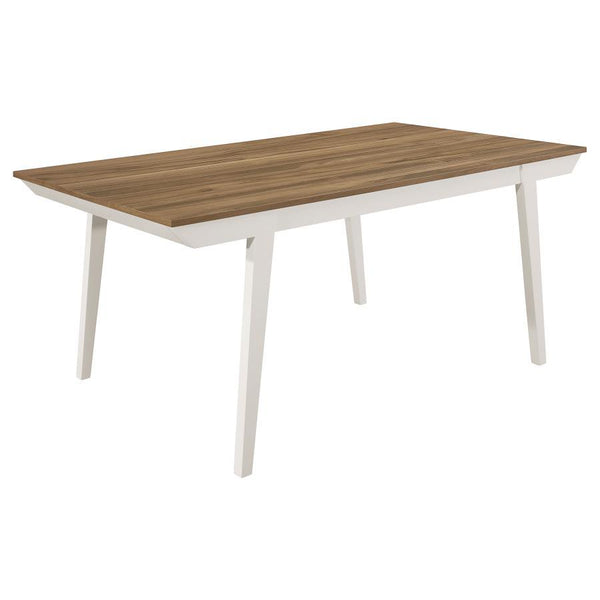 A decorative base adds chic flair to the casual contemporary nature of this rectangular dining table. Delivering farmhouse charm without overwhelming, the table shows off a acacia brown wood top that brings warmth and dimension with earthy wood grain patt