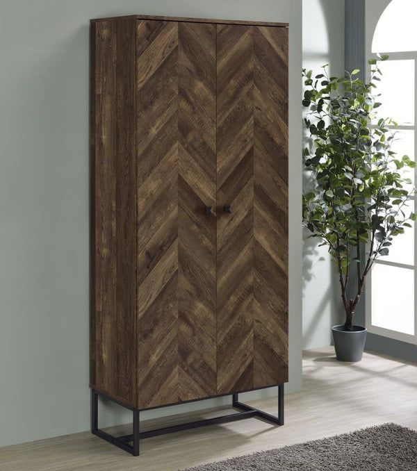  featuring a rustic oak finish and herringbone-patterned door fronts. Made from engineered wood with a scratch-resistant and eco-friendly laminate veneer