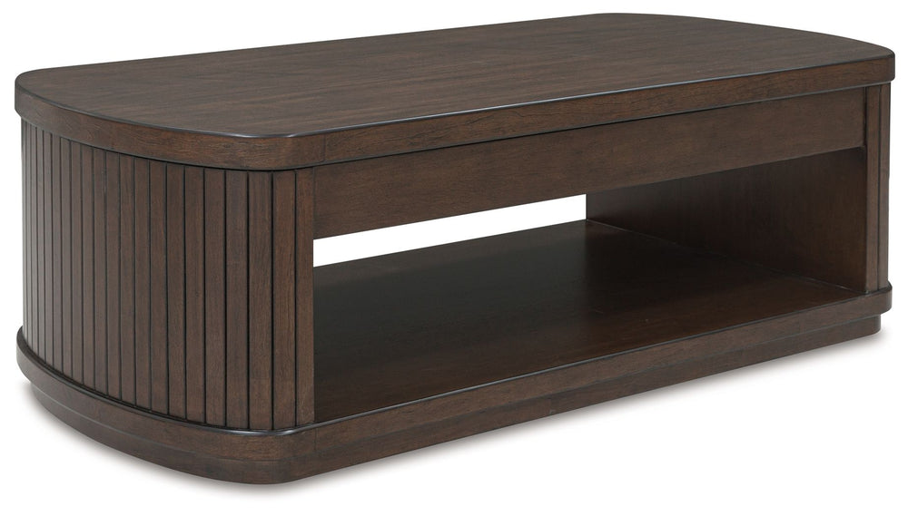 This richly finished lift-top coffee table makes life easyâ€”in a casual, contemporary kinda way. The table-'s spacious lower shelf is ideal for displaying treasures, while two storage bins underneath the top are ideal for storing smaller items out of sig