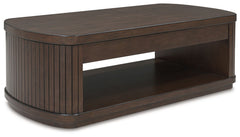 This richly finished lift-top coffee table makes life easyâ€”in a casual, contemporary kinda way. The table-'s spacious lower shelf is ideal for displaying treasures, while two storage bins underneath the top are ideal for storing smaller items out of sig
