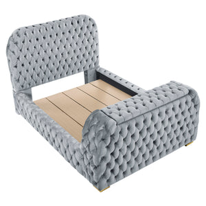 Indulge in the epitome of luxurious comfort and innovative design with this exquisite bed, a true masterpiece for those who appreciate both form and functionality in their sleeping quarters. Boasting a majestic, deeply tufted headboard that extends all th