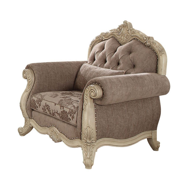  crown and raised scrollwork ornamental trim and button tufted backrest. Accent pillows are 