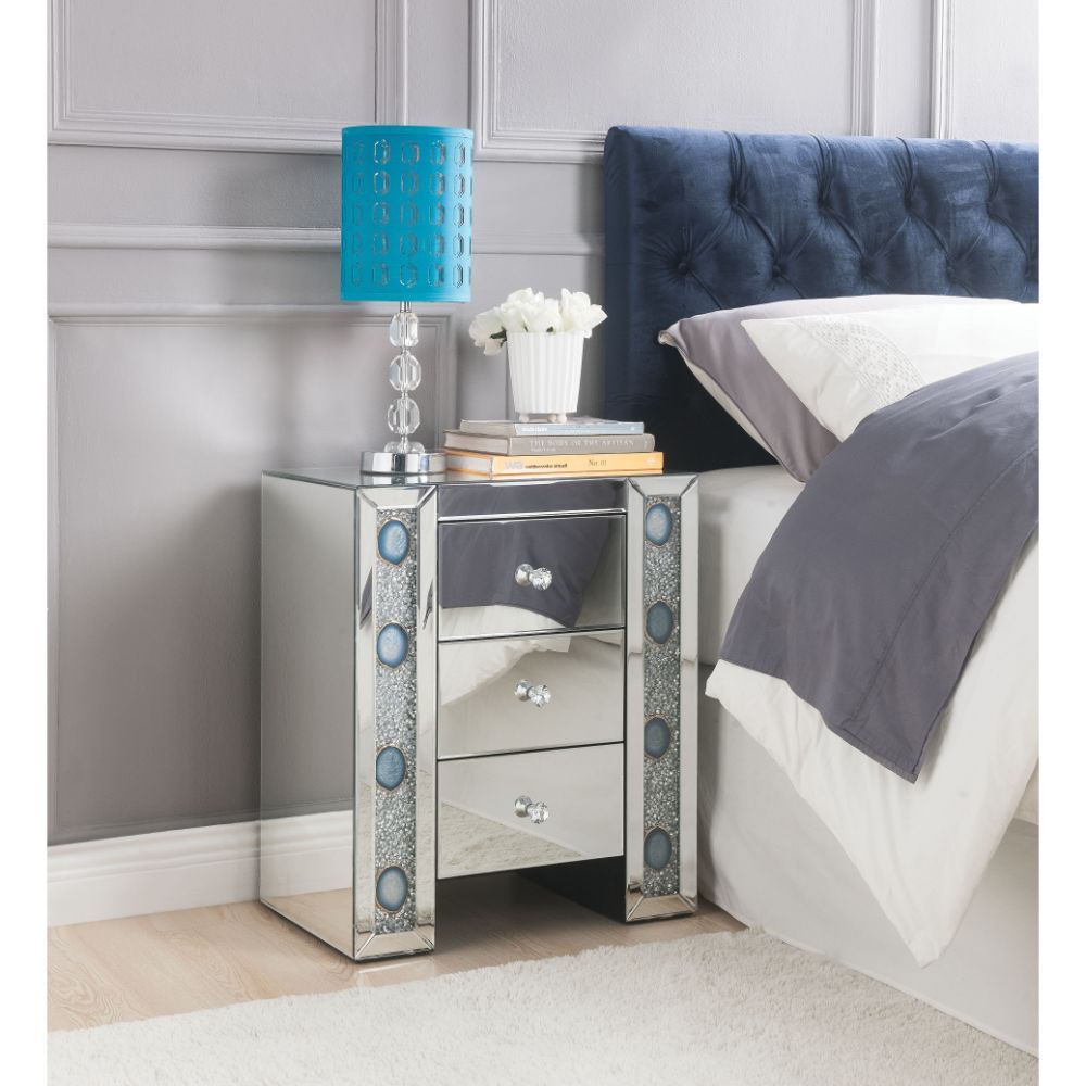 Assambled, Rectangular Night Table Beveled Mirrored Finish, Clear Glass with Faux Agate & Faux Diamonds Inlay (Back Unfinished) Orientation: Free Standing Storage: 3 Drawers (Open Base) CONSTRUCTION Mirrored Case-Frame & Drw: Mirror, MDF (Fixed Top) Mirro