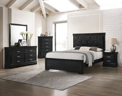 This bedroom set embodies a refined elegance with its rich black hue and luxurious textures, perfect for creating a serene and sophisticated sanctuary. The centerpiece is a sumptuous bed framed by a headboard with diamond-tufted detailing, offering a touc