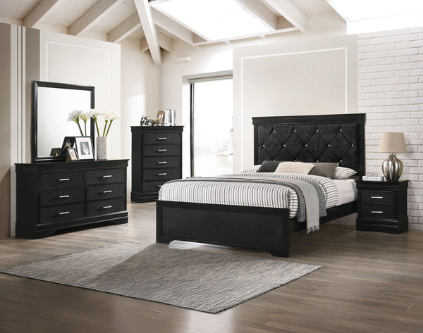 This bedroom set embodies a refined elegance with its rich black hue and luxurious textures, perfect for creating a serene and sophisticated sanctuary. The centerpiece is a sumptuous bed framed by a headboard with diamond-tufted detailing, offering a touc