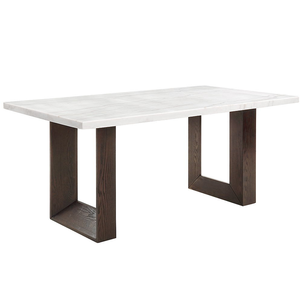 Edwyn dining set featuring a pristine white marble top and a rich brown finish, is the epitome of elegance and sophistication. Its sturdy double U-shaped base provides a modern touch, while the padded seat and back cushion chairs ensure comfort for every 