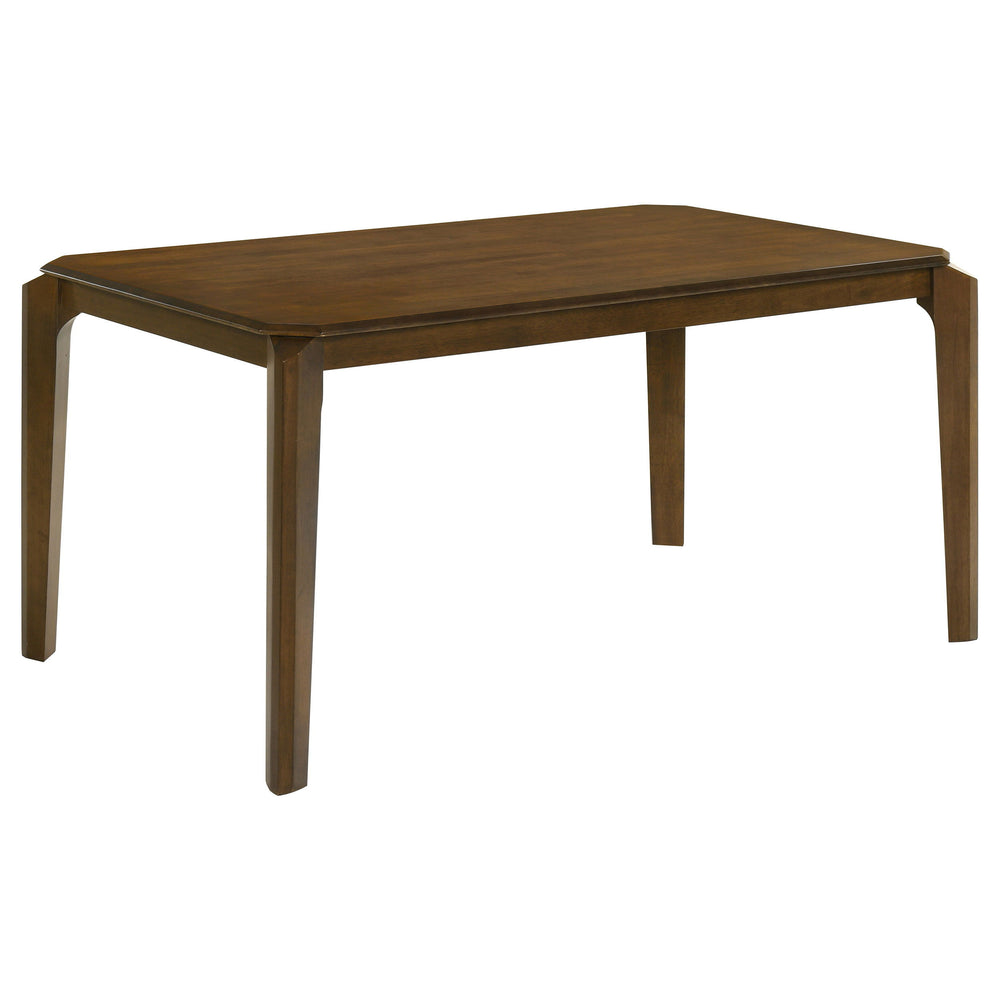 Center your stylish dining room on the angular silhouette of a modern rectangular dining table. Perfect for family gatherings and daily meals, it boasts a dark brown wood finish over Asian hardwood, delivering excellent style and durability. The rectangul