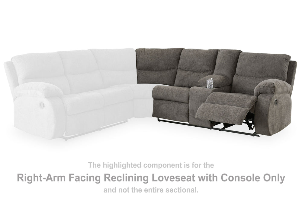 This right-arm facing reclining loveseat with half wedge and console is made with polyester upholstery. Pairs with other items in the series to make a sectional.<br><br><b>Additional Dimensions</b><br><ul><li>Arm height: 26-"</li><li>Seat depth: 22-"</li>