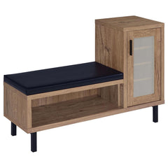 Elevate your entryway with this multifunctional shoe storage bench, elegantly merging form and function. Its engineered wood frame is finished with a durable natural oak colored wood-look laminate veneer, while a black faux leather cushion, foam-padded fo