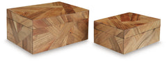 Looking for a casually cool home accent? This set of boxes stacks up beautifully. A wood mosaic design and natural finish bring a laid-back element to your decor. What a stylishly effortless way to refresh your shelves and tabletops.<br><br><b>Additional 