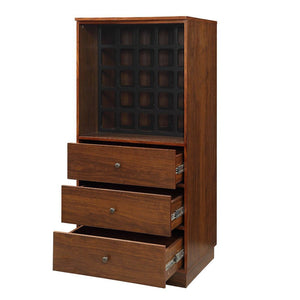  one with wine storage and three bottom drawers and the other with a wood pull-door on the to