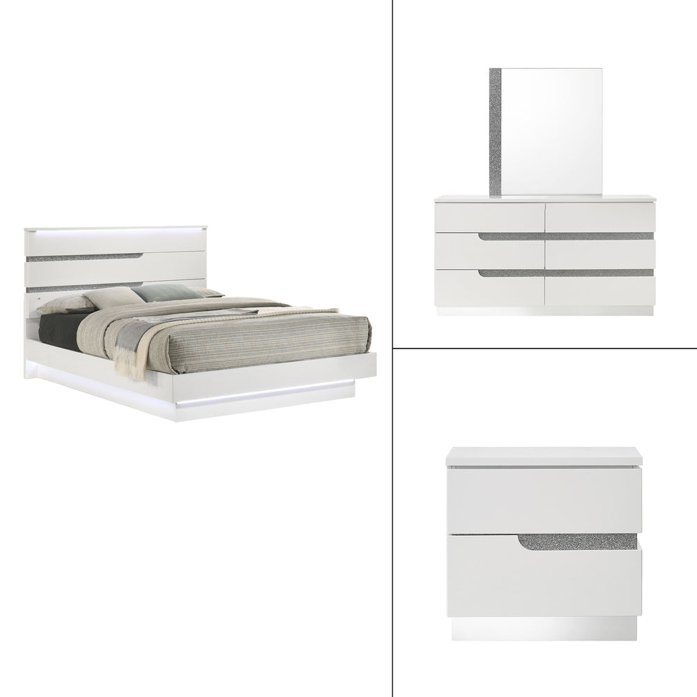 The Paradox 4 Piece Platform Bedroom Set in White is the epitome of modern elegance and functional design. This set includes a platform bed along with a dresser, mirror, and nightstand. The gleaming white gloss laminate finish offers a sleek, contemporary